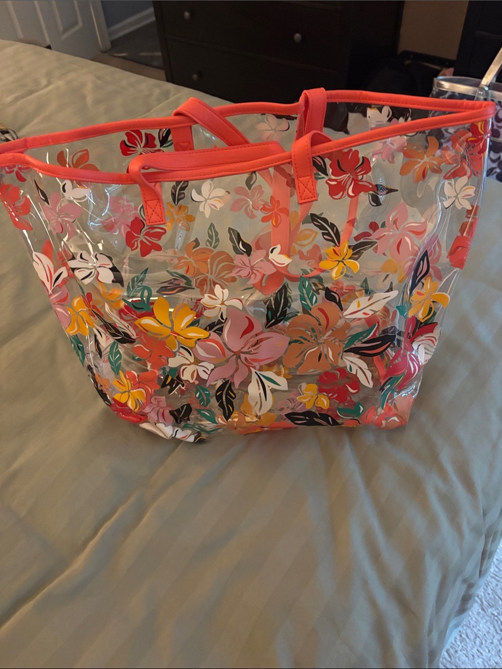 Vera Bradley Clear Floral Tote with Coral Trim